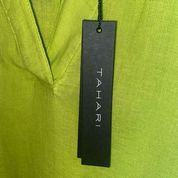 TAHARI Lime Green Linen Blend Midi Lagenlook Dress Pockets Size Medium - Picture 10 of 11